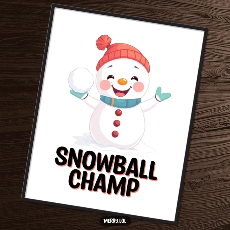Funny Digital Art Print of a playful snowman character in a joyful pose, ready for a snowball fight, perfect for winter decor.