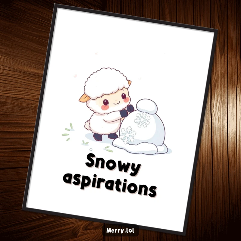 Funny digital art print of a fluffy sheep character building a snowman with giant snowflakes, humorous and captivating.