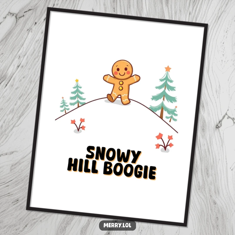 Funny gingerbread man digital art print showing a happy character doing a jig on a snowy hill, perfect for instant decor.