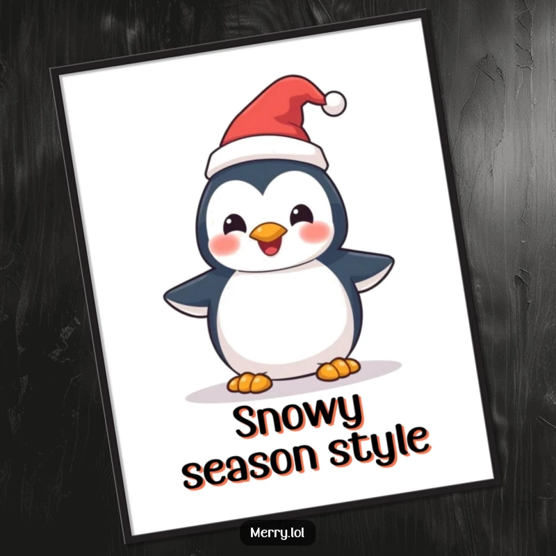 Funny Penguin Santa Hat Digital Art Print: A joyful penguin character wearing a small Santa hat, ready to be printed and displayed. Art.