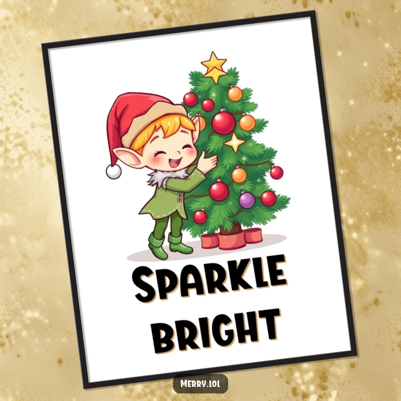 Funny Digital Art Print of a cute elf character gleefully decorating a Christmas tree with sparkling ornaments and festive cheer.