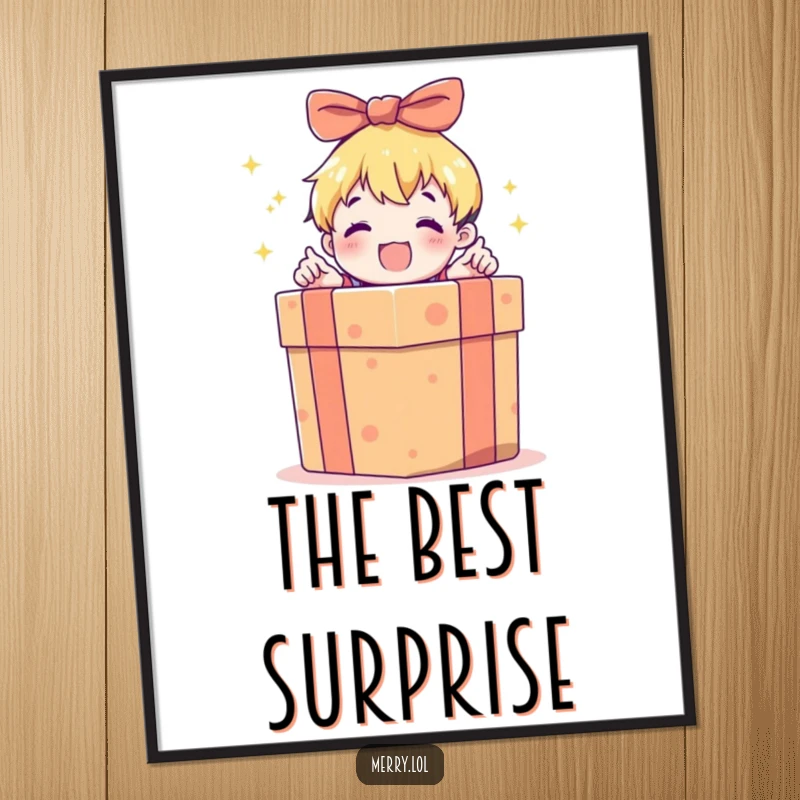 Funny digital art print of a child character excitedly opening a large, brightly wrapped gift box, radiating joy and anticipation.