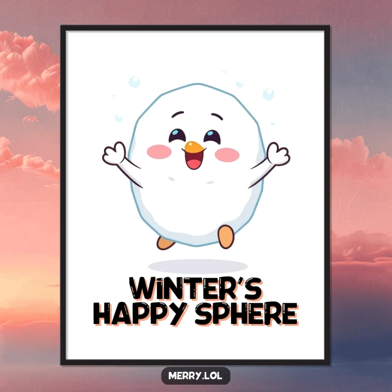 Funny Cheerful Snowball Digital Art Print: A happy snowball character bouncing with glee. Instant winter art for any occasion. Digital.