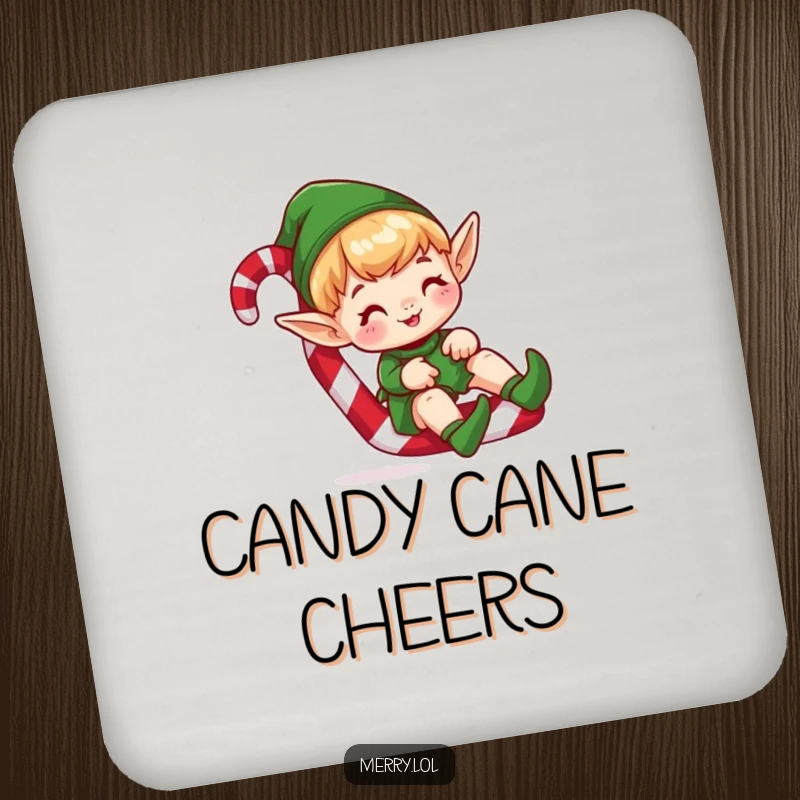 Funny drink coaster featuring a cute elf character sliding down a candy cane, providing humorous surface protection with holiday cheer.