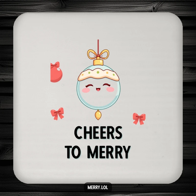 Funny festive ornament winking and dangling merrily, displayed on coasters for festive drink protection.
