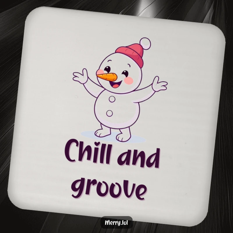 Funny snowman character drink coaster performing a clumsy jig with a carrot nose, adding winter humor to table protection.