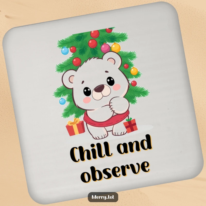 Funny Polar Bear Coaster Set featuring a surprised character peeking from behind a Christmas tree, protecting furniture with a cute and humorous holiday-themed design. Great for parties.