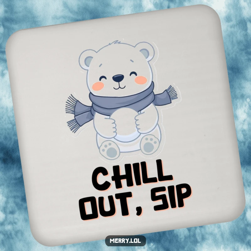 Funny polar bear coaster set featuring a happy character in a scarf holding a snowball, adding winter charm and protection.