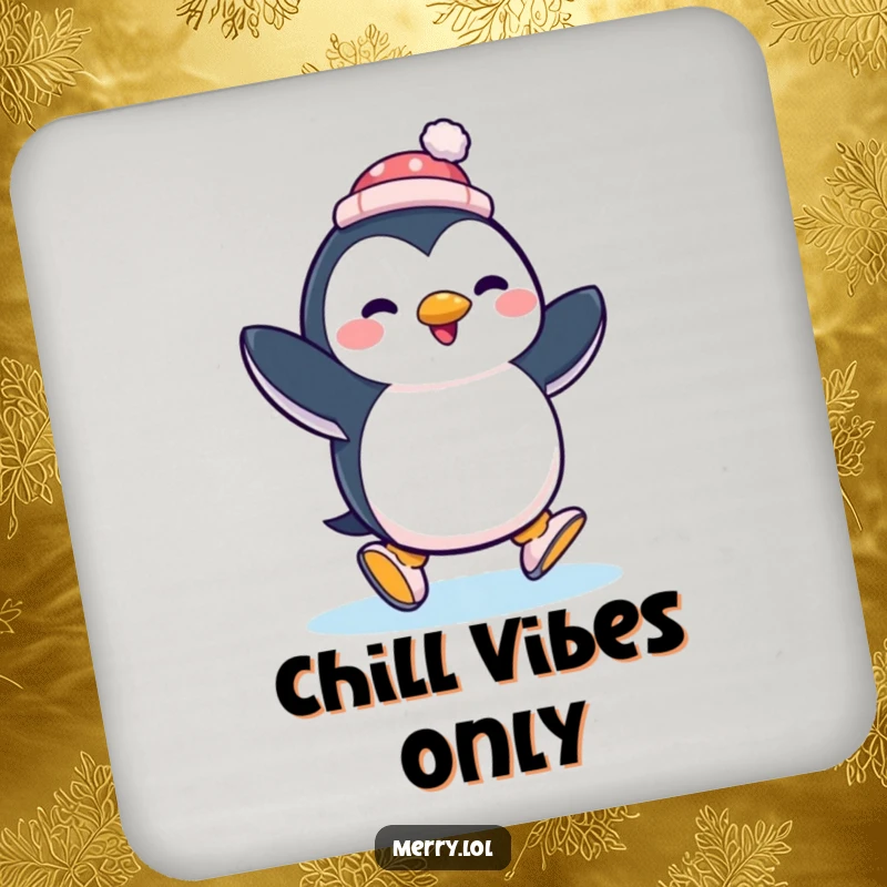 Funny penguin ice skating with a tiny hat, displayed on coasters to protect surfaces with humorous flair.