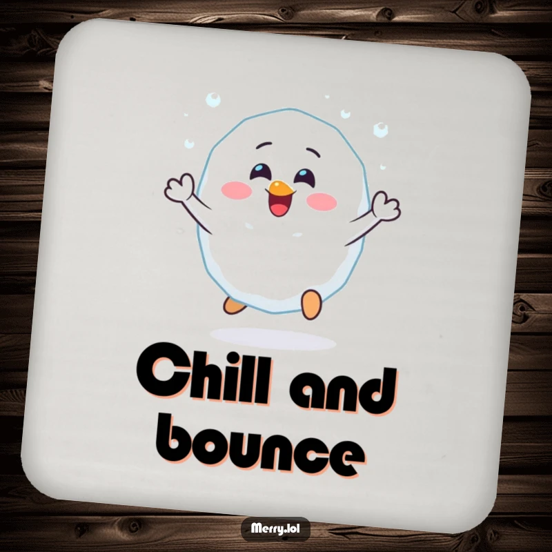 Funny Cheerful Snowball Coaster Set: A happy snowball character bouncing with glee. Protects surfaces with charming winter humor. Home accessory.