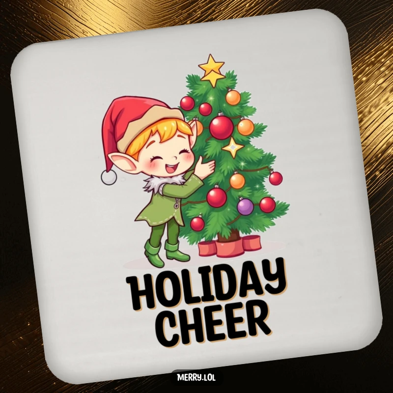 Funny Drink Coaster featuring a cute elf character gleefully decorating a Christmas tree with sparkling ornaments and festive charm.