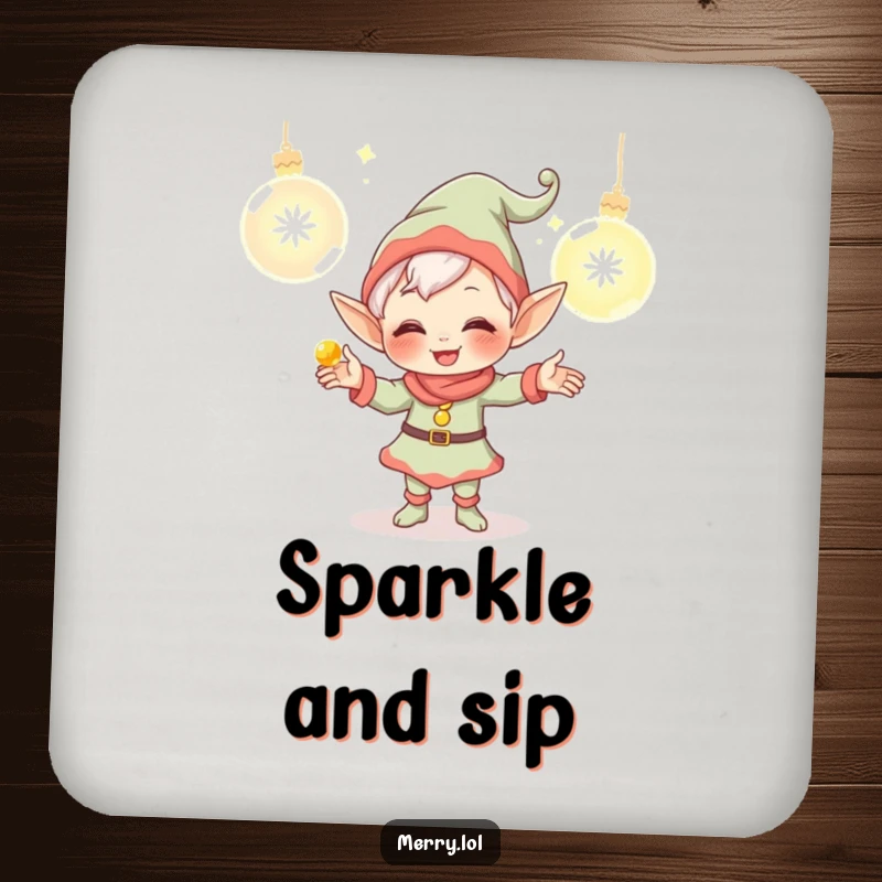 Funny Elf Coaster Set featuring a giggling character juggling glowing ornaments, protecting furniture with a cute and humorous holiday-themed design. Ideal for parties.