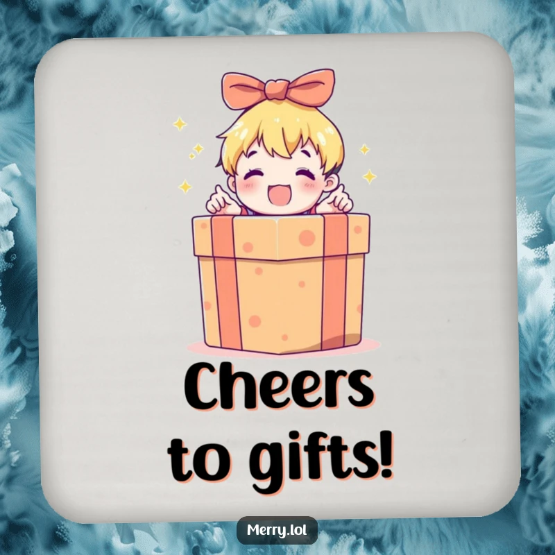 Funny drink coaster featuring a child character excitedly opening a large, brightly wrapped gift box, adding a playful touch to tabletops.