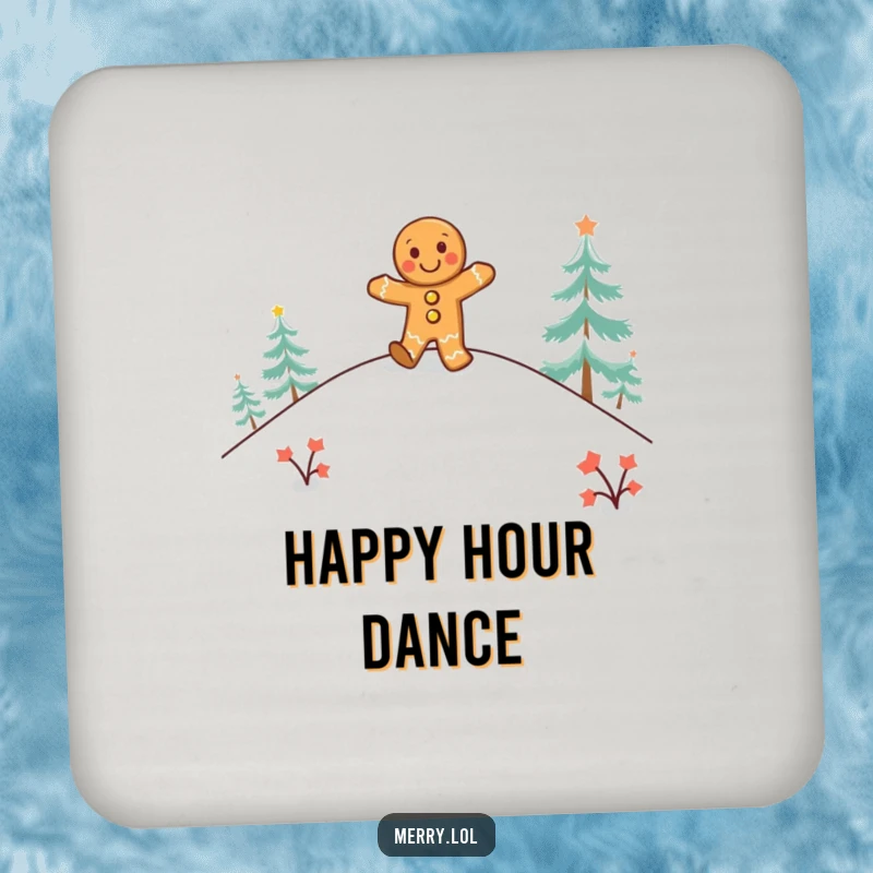 Funny gingerbread man coasters depicting a happy character doing a jig on a snowy hill, protecting surfaces.