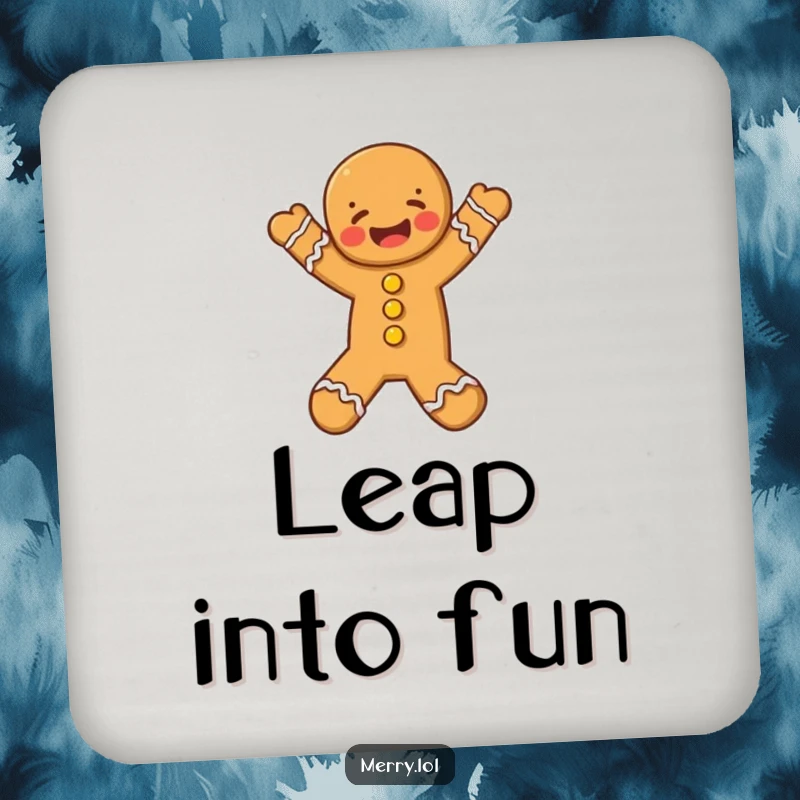 Funny Gingerbread Man Coaster, a joyful leaping character protecting surfaces with holiday spirit.