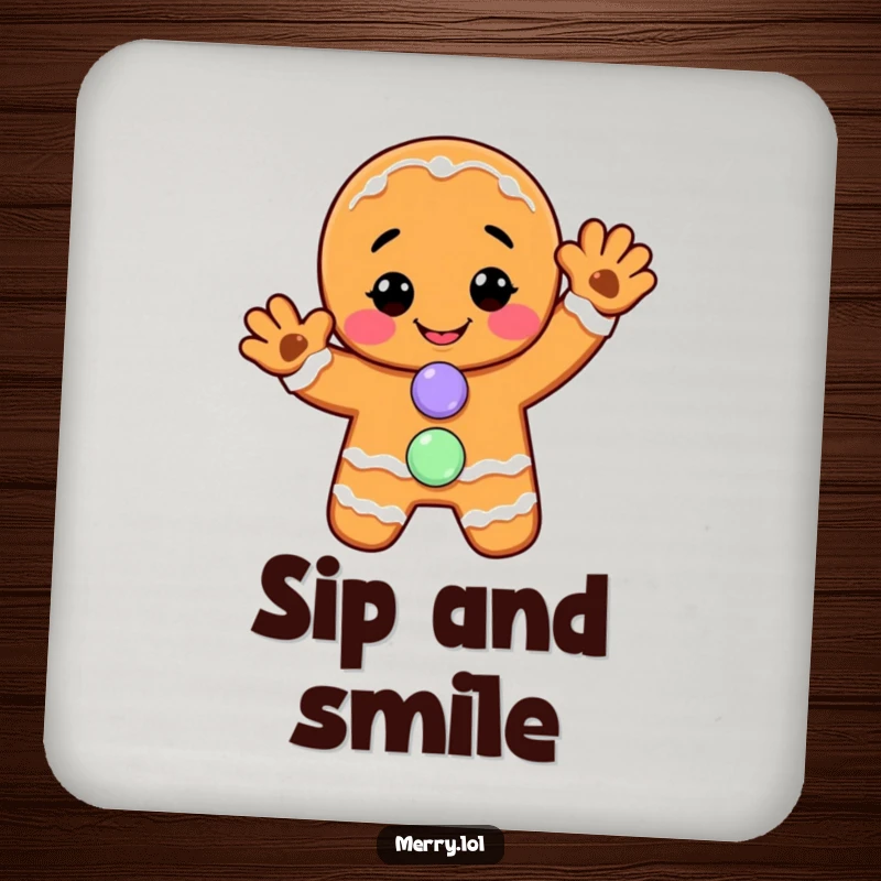 Funny coasters: A smiling gingerbread man gives a cheerful wave, his candy button accentuating his sweet holiday charm.