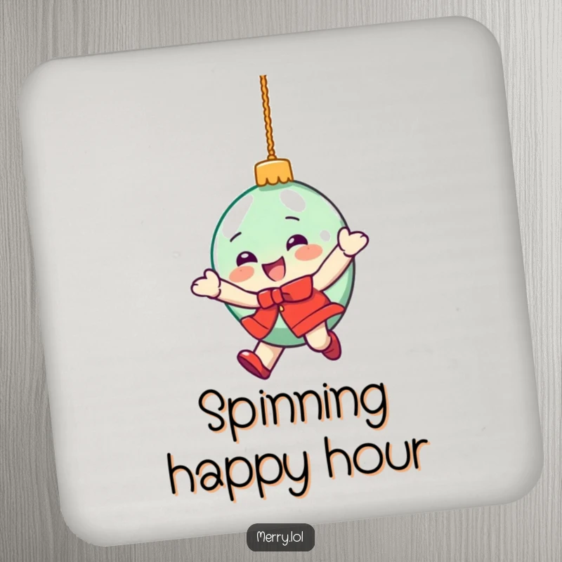 Funny coaster with a delighted Christmas ornament character in a dizzying spin, adding holiday humor.