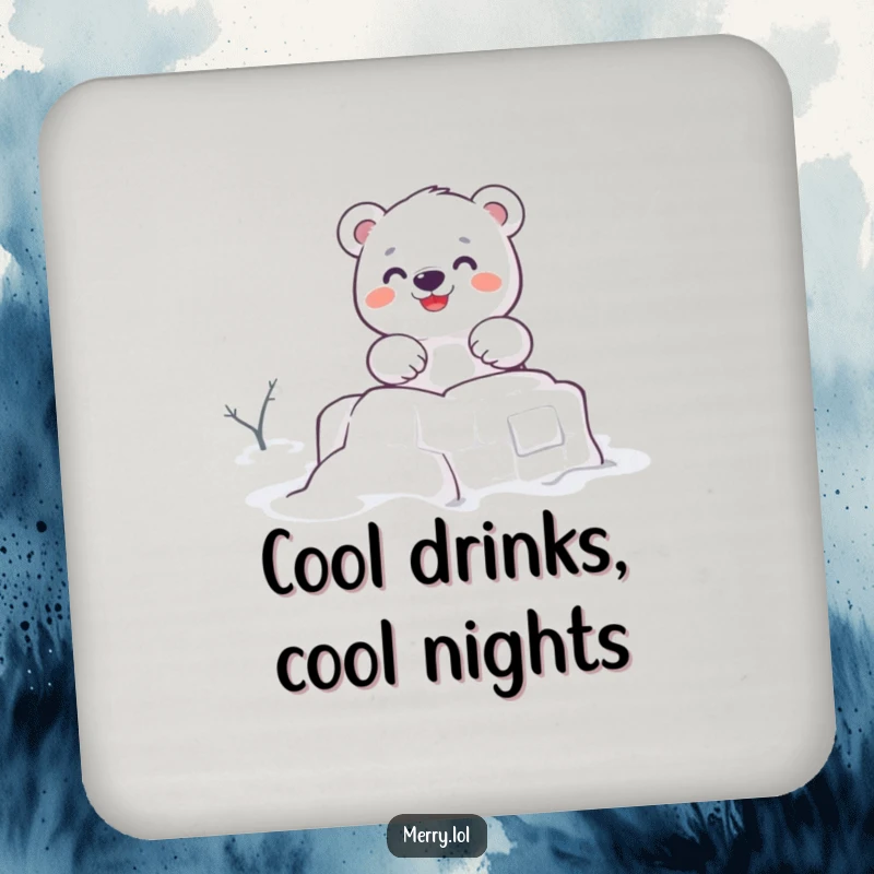 Funny drink coaster featuring a cute polar bear character enthusiastically building a snow fort, adding a playful winter touch to tabletops.