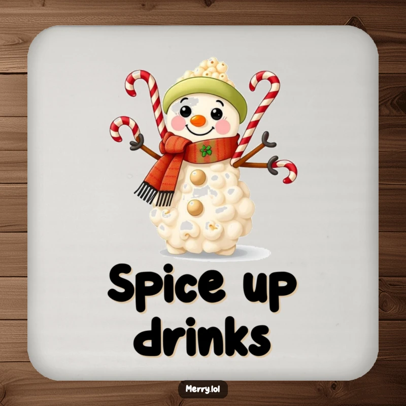 Funny drink coaster featuring a popcorn snowman wearing a scarf and juggling candy canes, adding festive flair to surfaces.
