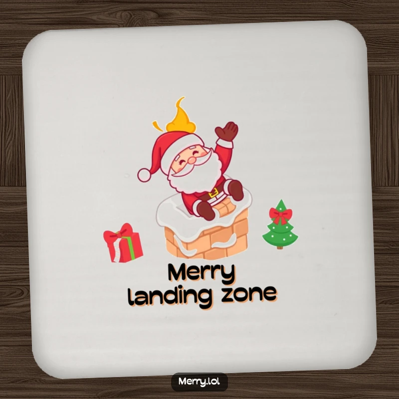 Funny Santa coasters depicting Santa joyfully sliding down a chimney with a wink, protecting surfaces with humor.