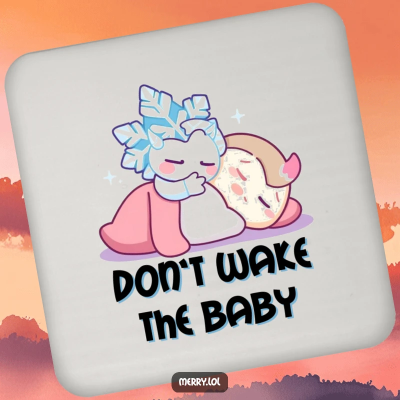 Funny Snowflake Tickle Coaster Set: Mischievous snowflake tickling a sleeping character. Protects surfaces with charming winter humor. Home accessory.