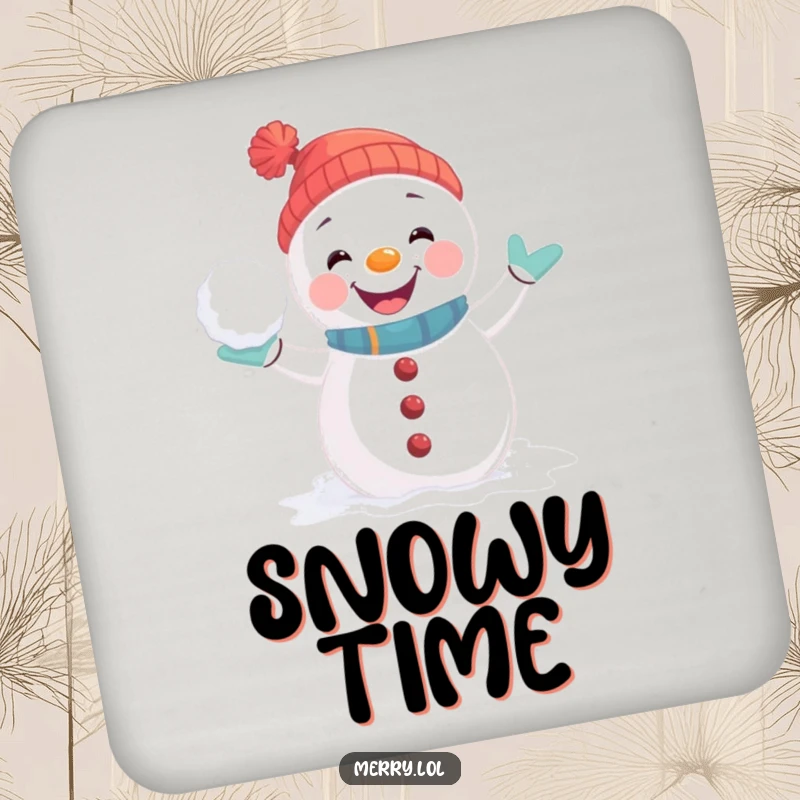 Funny Drink Coaster featuring a playful snowman character in a joyful pose, mimicking a snowball fight, protecting surfaces.