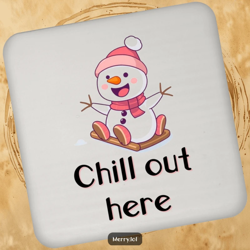 Funny Snowman Coaster Set featuring a smiling character sliding down a snowy hill, protecting furniture with a cute and humorous winter-themed design. Ideal for parties.