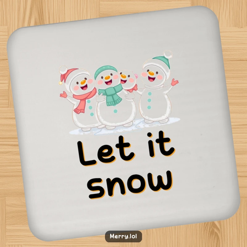 Funny cute snowmen holding hands and singing happily on coasters, for protecting surfaces with musical charm.