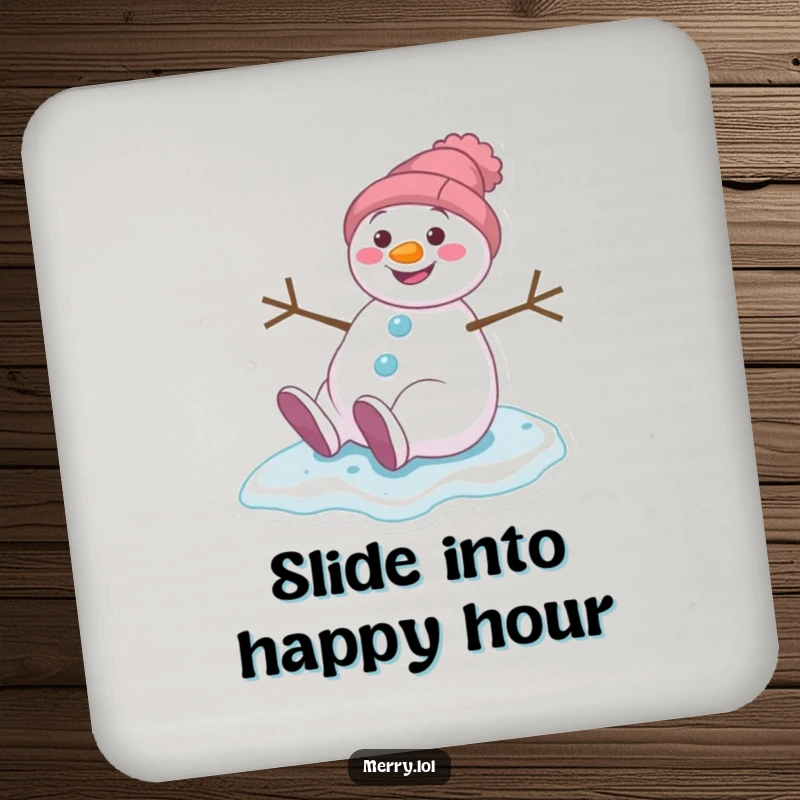 Funny drink coaster featuring a grinning snowman character slipping on ice, providing humorous surface protection with winter cheer.