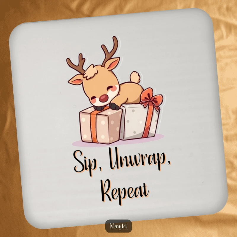 Funny drink coaster featuring a playful reindeer character tripping over a gift, providing humorous surface protection with holiday cheer.