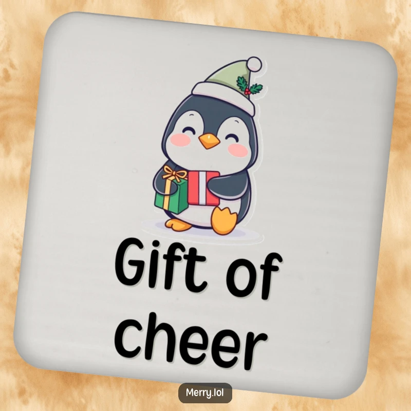 Funny penguin character drink coaster wearing a tiny festive hat and holding a gift, adding festive humor to table protection.
