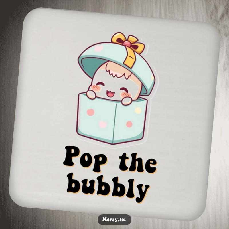 Funny Happy Present Coaster Set: A happy present character popping its lid open. Protects surfaces with cheerful gift-themed humor. Home accessory.