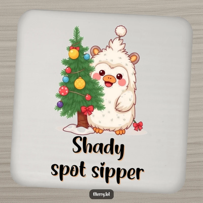 Funny coaster with a playful yeti peeking from behind a decorated Christmas tree, adding holiday humor.