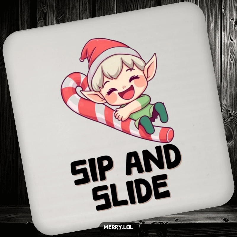 Funny elf character drink coaster sliding down a candy cane with a wide grin, adding festive humor to table protection.