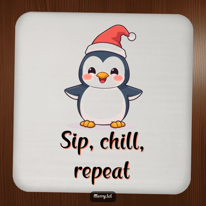 Funny Penguin Santa Hat Coaster Set: A cute penguin character with a festive Santa hat, offering drink protection. Holiday home decor.