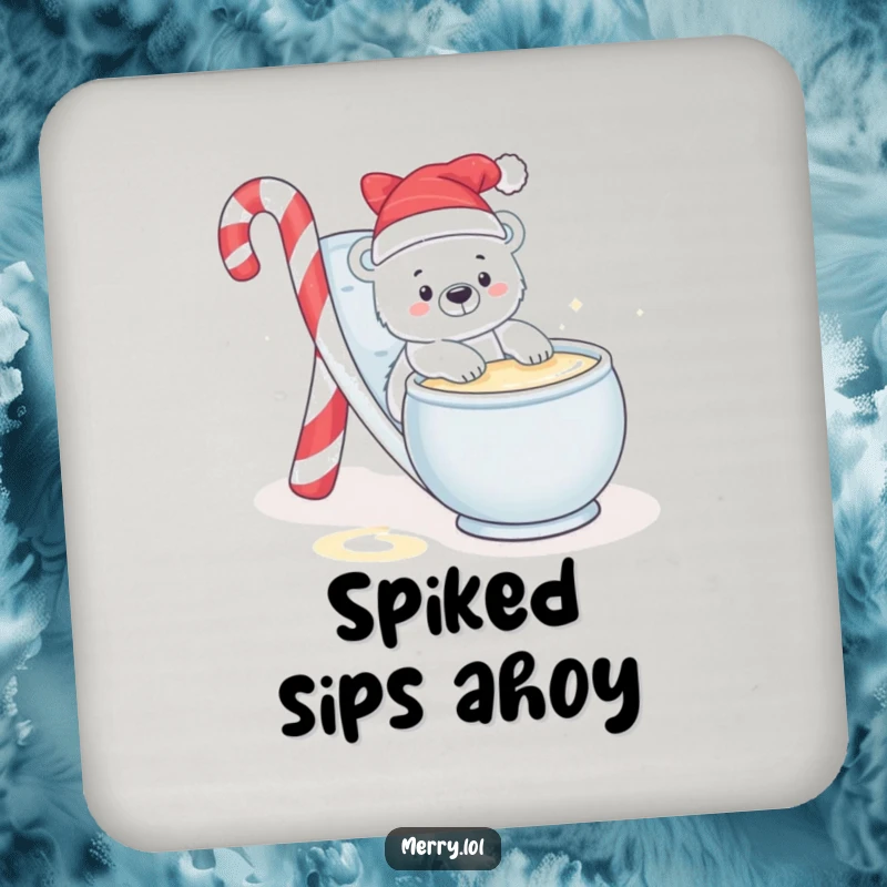 Funny drink coaster featuring a baby polar bear sliding into a bowl of eggnog, perfect for protecting surfaces stylishly.