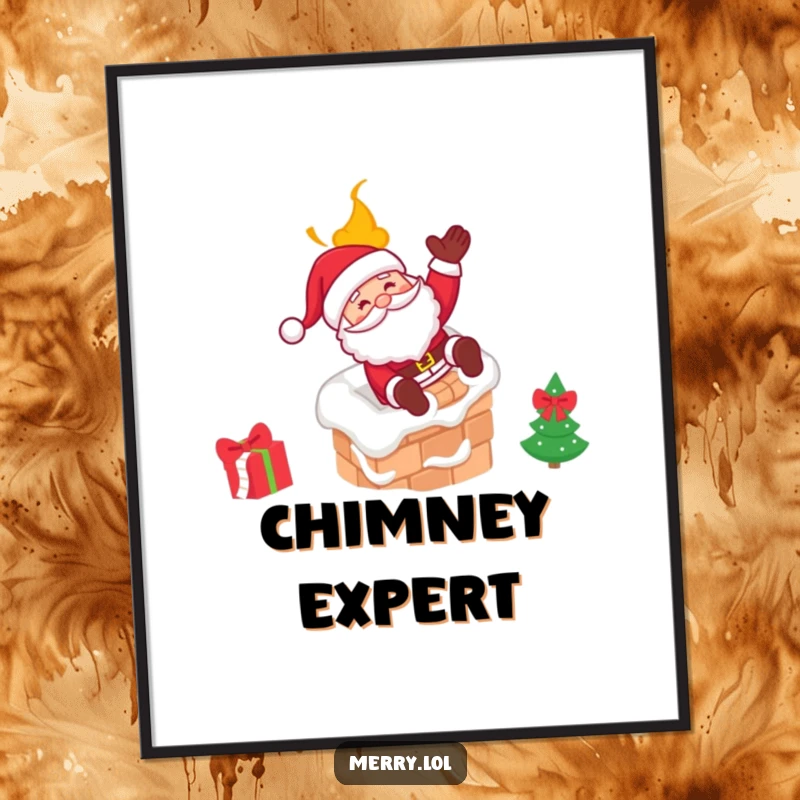Funny Santa poster illustrating Santa joyfully sliding down a chimney with a witty wink, adding humor to wall decor.