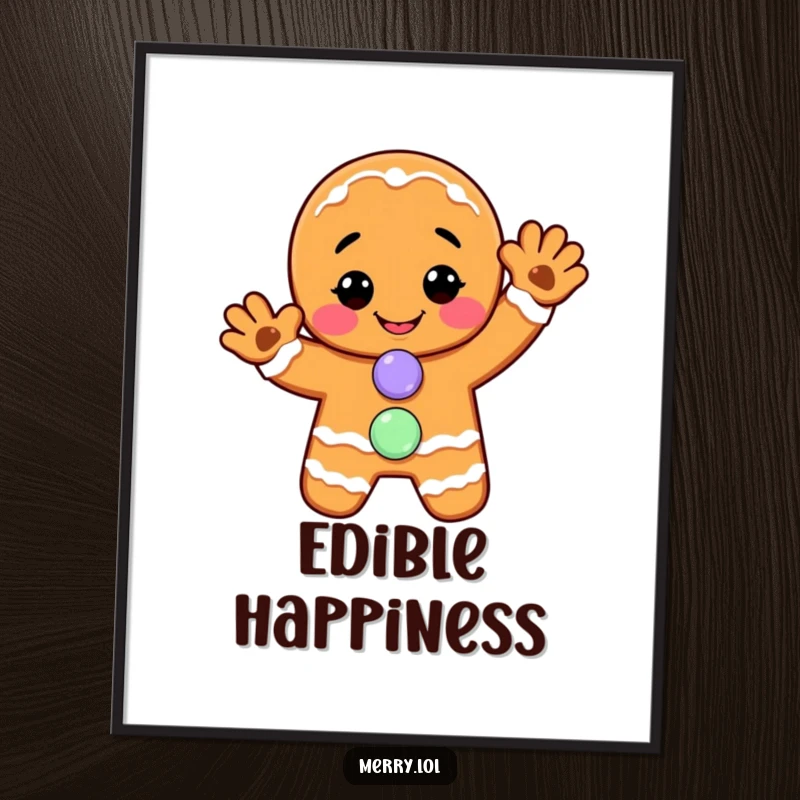 Funny poster: A smiling gingerbread man waves hello, his candy button detail adding a touch of festive charm and sweetness.