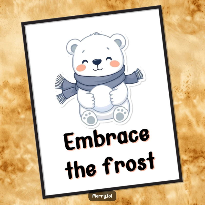 Funny polar bear poster art featuring a happy character in a scarf holding a snowball, perfect for adding winter charm.