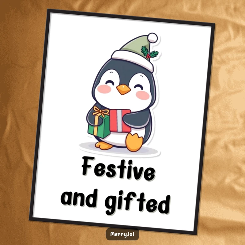 Funny penguin poster art with a character wearing a tiny festive hat and holding a gift, adding whimsical wall decor.