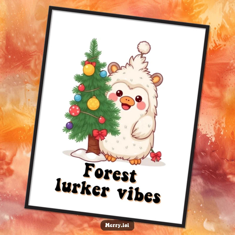 Funny poster depicting a playful yeti peeking from behind a decorated Christmas tree, embodying holiday fun.