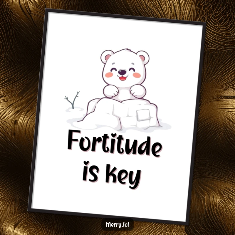 Funny poster art of a cute polar bear character energetically building a snow fort, capturing the spirit of winter and playful fun.