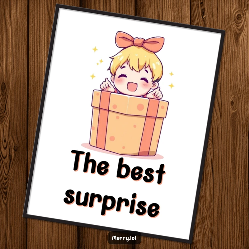 Funny poster art of a child character with wide eyes, excitedly opening a large brightly wrapped gift box, filled with anticipation.