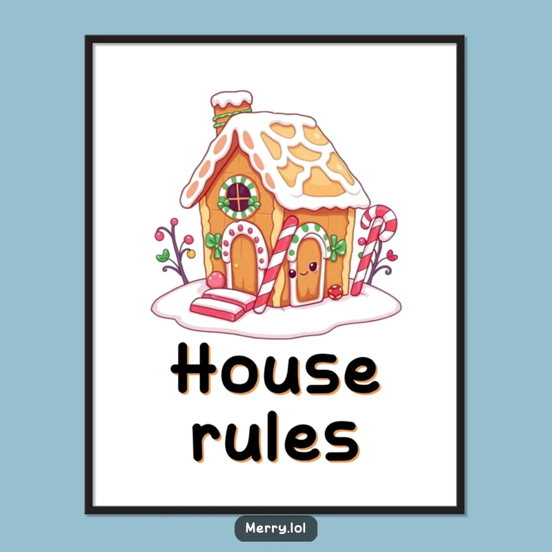 Funny Gingerbread House Poster: Charming Candy Cane Chimney Wall Art