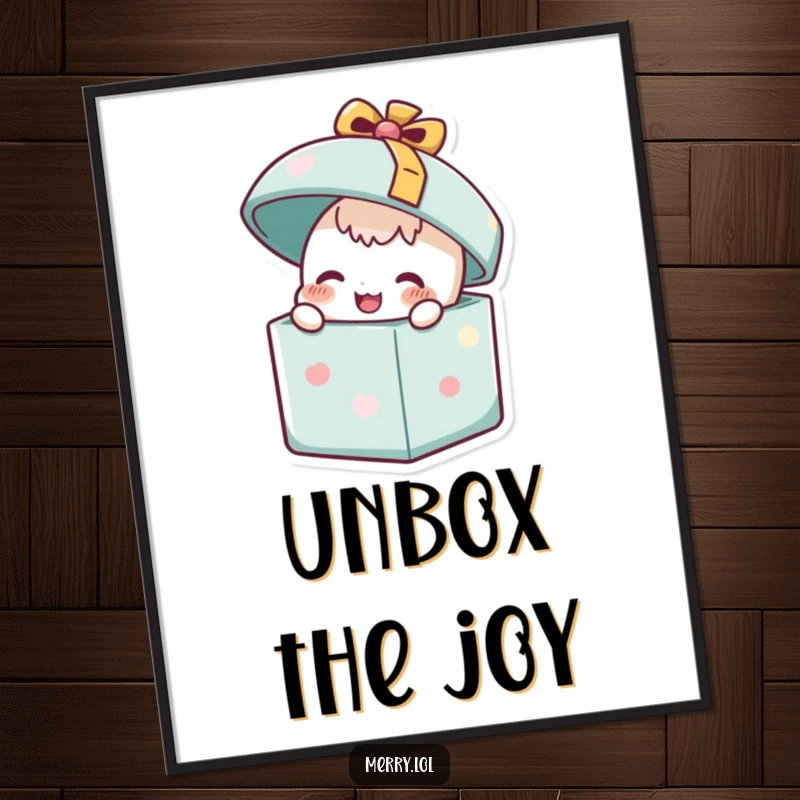 Funny Happy Present Poster: A joyful present character, lid popping open, symbolizing surprise and happiness. Festive wall art.