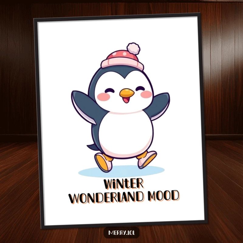 Funny penguin ice skating with a tiny hat, rendered as a delightful piece of wall art, radiating cheerful energy.