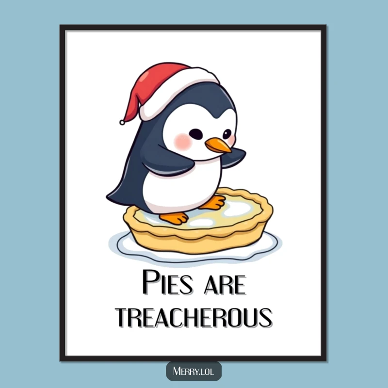 Funny Penguin Pie Skating Poster - Festive Santa Hat Art