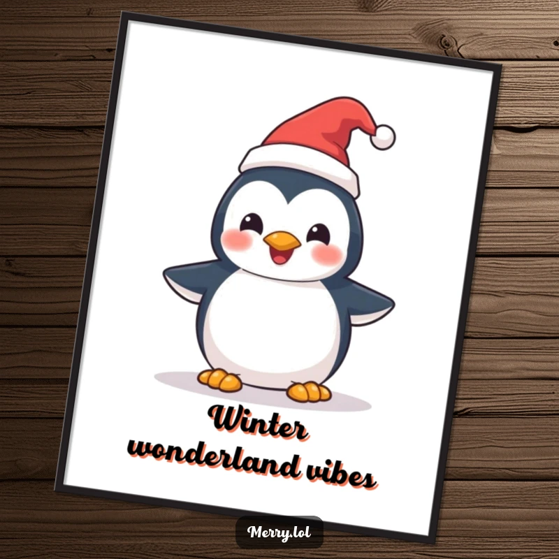 Funny Penguin Santa Hat Poster: A cheerful penguin character wearing a festive Santa hat, creating a joyful holiday atmosphere. Wall decor.