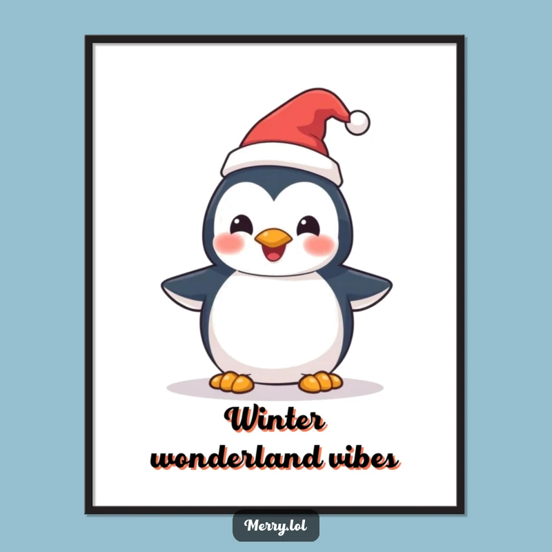 Funny Penguin Santa Hat Poster: Festive Wall Art of a Delighted Christmas Bird