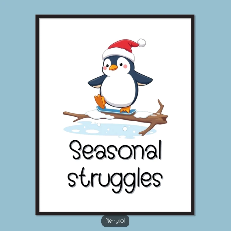 Funny Penguin Santa Hat Poster: Hilarious Awkward Ice Skating Holiday Art